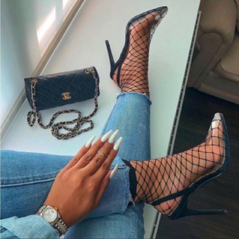 Black Mesh Fishnet Sock Heel Heels Bootie